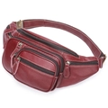 Men's leather waist bag in deep burgundy with lychee texture and multiple zipper pockets - Red