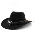 Zwarte vilten cowboyhoed met etnische gevlochten band en zilveren stierenschedel sieraad - M (56-58cm) / Zwart