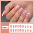 Pink French heart press-on nails set with rhinestones and pearls, 24pcs long coffin shape - Jelly Glue Type / DZ496-B7 Heart French