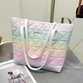 Rainbow gradient quilted tote bag with white leather straps and gold logo detail - Light Yellow (Triangle Pattern)