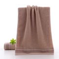 Absorbent light brown cotton towel with elegant striped border and soft loop texture - Staggered Stripe Khaki / 34*74cm