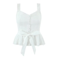 White sleeveless lace top with front buttons and ribbon bow belt on white background - S / Tops