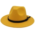 Detailed view of yellow wool felt fedora with black leather band and metal buckle strap - Yellow