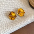 Boucles d'oreilles vintage hexagonales en résine écaillée avec cadre doré - 71# Clou d'oreille Ambre Hexagonal Bord Doré (Tige en Argent)