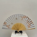 Chinese folding fan with hand-painted plum blossoms, birds and white silk tassel - White Flower