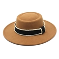 Close-up of camel wool felt boater hat with black ribbon and delicate bead chain detail - Khaki