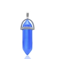 Hexagonal blue agate crystal pillar pendant with silver clasp on white background - Blue Cat's Eye