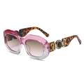 Retro oversized sunglasses with pink gradient frames, tortoiseshell temples and gold rings - Pink Grey Frame Leopard Temple Tea Pink Lens
