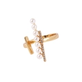 Macro shot of minimalist gold ring featuring pavé diamonds and a row of elegant white pearls - Single Row Pearl Pave Style