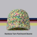 Rainbow multicolored chunky knit beanie hat with cute cartoon Shrek style details - One Size / Neon Hat Green