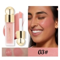 Vue détaillée du blush liquide mat 03# montrant l'échantillon rose pêche et l'effet maquillage - 03# Pêche