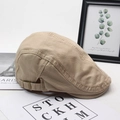 British style khaki cotton flat cap with adjustable metal buckle and side stitching details - Light Khaki