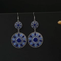 Bohemian silver drop earrings featuring intricate blue floral turquoise enamel patterns - Silver + Blue Glazed Flower (E7979)