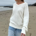 Women's white V-neck cable knit sweater with long sleeves and ribbed cuffs in casual style - S / White