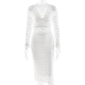 Elegante vestido midi de encaje blanco con manga larga y cuello en V de corte ajustado - S / Blanco