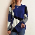 Women's long sleeve top featuring geometric color block pattern and decorative side buttons - S / Blue