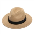 Classic straw Panama hat in light brown with a black ribbon band for sun protection - M (56-58cm) / Khaki (Three-Fold Band)