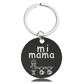 Detail of black metal keychain with mi mama engraving and mother-child figure - Black Keychain (Y00038)