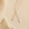 Elegant gold and silver long chain necklaces with baroque pearl heart pendants - SY316【Silver】-Baroque Irregular Pearl Silver Thin Chain Necklace