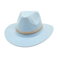 Close-up of light blue wool felt fedora featuring a decorative gold braided hatband - One Size / Sky Blue (Braided Decor)