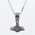 Antique silver Viking Thor's Hammer Mjölnir pendant with skull and rune detail on box chain - Antique Silver (No Chain A0519)