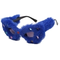 Occhiali da sole cat-eye con ecopelliccia blu brillante e strass colorati, vista a 45 gradi - Blu