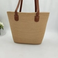 Large beige woven cotton straw tote bag with premium brown leather straps and detail - Open Top / Khaki