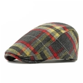 Classic grey tartan plaid wool beret cap with red accents in a side-profile view - Fits 55-59CM Head Circumference / Style 3-Red Yellow Plaid