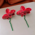 Close-up of red enamel flower earrings with green stems and sparkling rhinestone centers - 16# Red Petal Green Stem