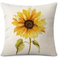 Linen sunflower pillow cover featuring artistic yellow hand-painted floral print - 45x45cm Pillow Cover / Beige Watercolor Single Sunflower-2 (24ym1108-2)