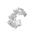 Polished silver adjustable open ring featuring three-dimensional five-petal floral patterns - Platinum Color