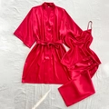 Conjunto de pijama de satén rojo de 3 piezas con bata, camisola y pantalones largos - S / Rojo