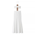 Detail of white halter dress with bronze metal rings and waist cut-out accents - S / White