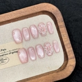Pink cat eye press-on nails with 3D floral accents and water droplet decor - Peach Blossom Rain Cat Eye Pink (2842-New Chinese Style) / XS