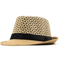 Cappello di paglia classico con trama geometrica e nastro decorativo in raso nero - M(56-58cm) / Beige