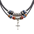 Double-layer bohemian choker necklace with cross pendant and colorful beads in black - Cross Necklace (QNN1064)