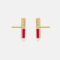 Detail of red enamel bar earrings with white zircon stones in 18K gold finish - 925 Silver / Red