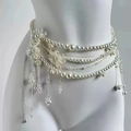 Multi-layer pearl waist chain with acrylic floral pendants and silver tassels - Pearl Flower K0121B