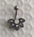 Silver belly button ring with opal flower design and clear rhinestone accents - #1 Full White Opal Design
