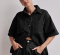 Damen-Set mit schwarzem Denim-Kurzarmhemd im lockeren Vintage-Wasch-Stil - L / Schwarzes Hemd