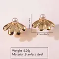 Golden flower petal earrings with white pearls, made of polished stainless steel - Four-Petal Fan Style (FYD6080)
