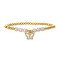 Dettaglio del bracciale con perline dorate, perle bianche e ciondolo a farfalla in cristallo - Bracciale con Perline d'Oro e Farfalla in Cristallo Pavé