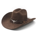 Brown vintage suede cowboy hat with metallic bull head emblem and decorative leather band - M (56-57cm) / Brown