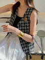Polished gold curved wide cuff bracelet and ring set styled with tweed jacket - Minimalist Shiny Accessory Set (Z-788)