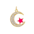 18K gold plated moon and star pendant with zircon and red enamel finish - Scarlet Moon Star