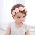 Pink chiffon flower headband for baby girls with elastic band and pearl floral accents - 5 Flowers Ivory