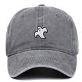 Close-up of white ghost embroidery on washed gray cotton denim baseball cap fabric - Gray