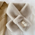 Thick faux rabbit fur scarf in light khaki with cross-through design and woven label - Beige