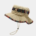Ethnic style washed cotton bucket hat with colorful bohemian woven trim and chin strap - One Size / Beige