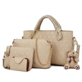 Champagne gold 4-piece tote set with embossed patterns and cute bear charm - Gold